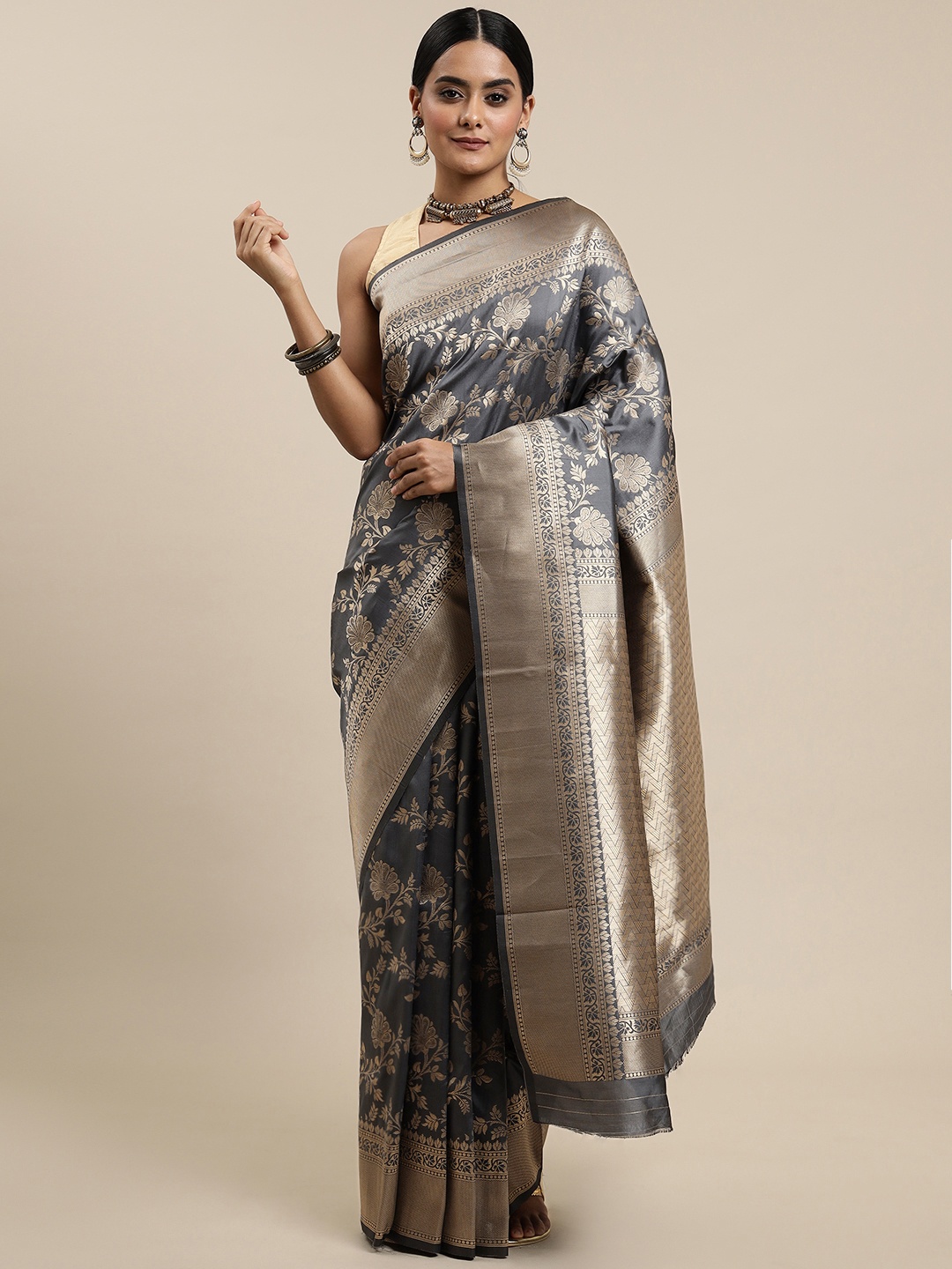 

Royal Rajgharana Saree Charcoal Grey & Golden Ethnic Motifs Silk Blend Banarasi Sarees