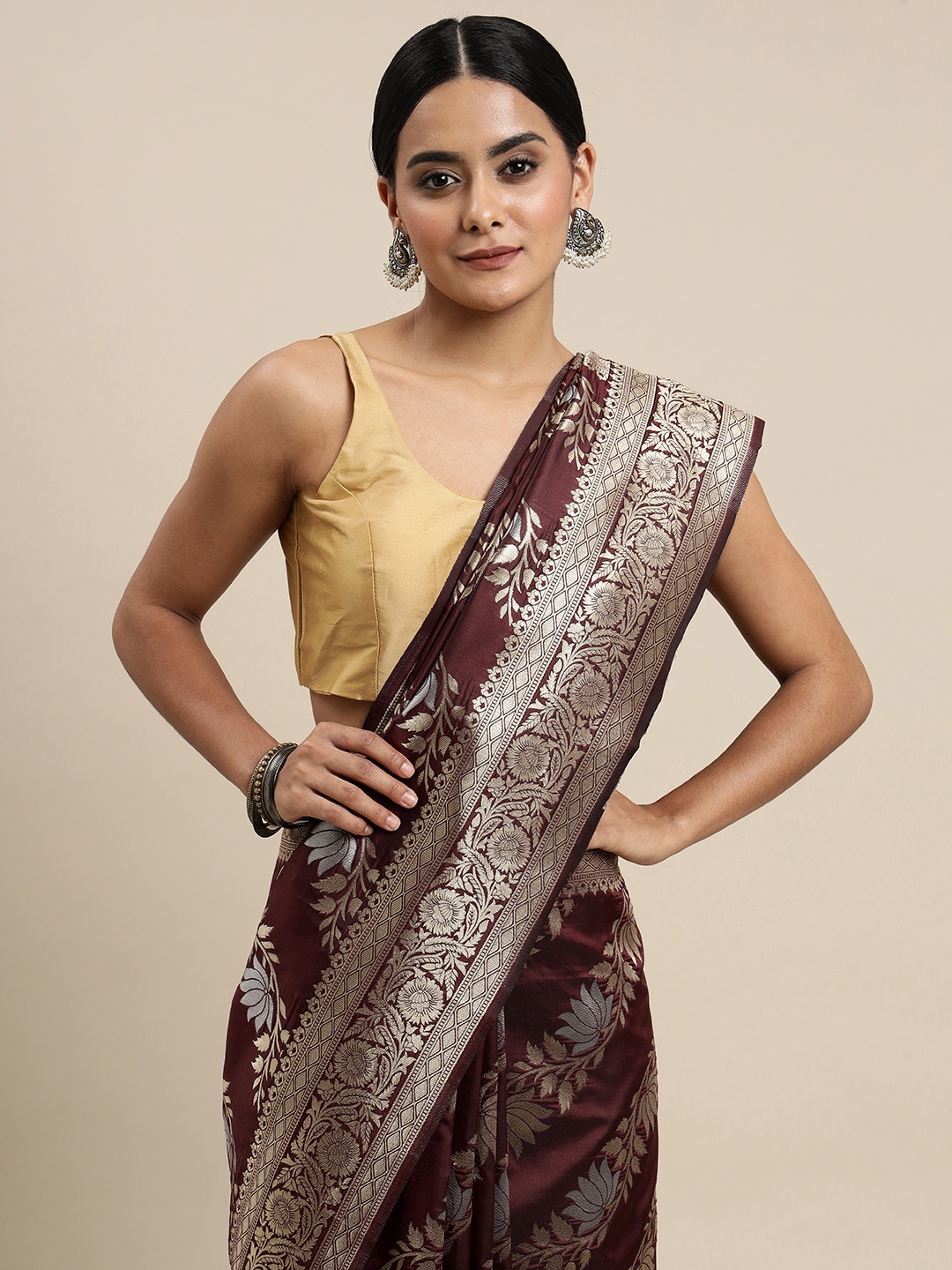 

Royal Rajgharana Saree Burgundy & Silver Ethnic Motifs Silk Blend Banarasi Sarees