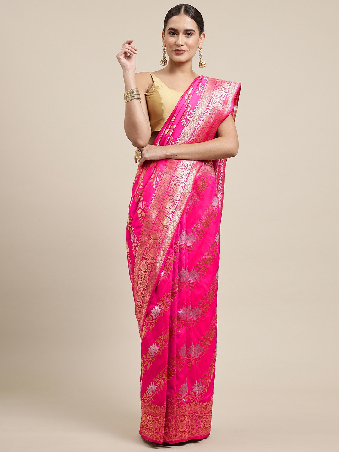 

Royal Rajgharana Saree Pink & Golden Ethnic Motifs Woven Design Banarasi Sarees