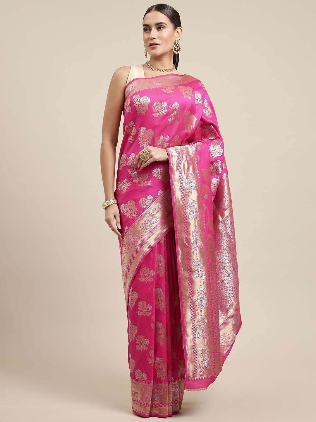 

Royal Rajgharana Saree Pink & Gold Floral Silk Blend Celebrity Banarasi Sarees