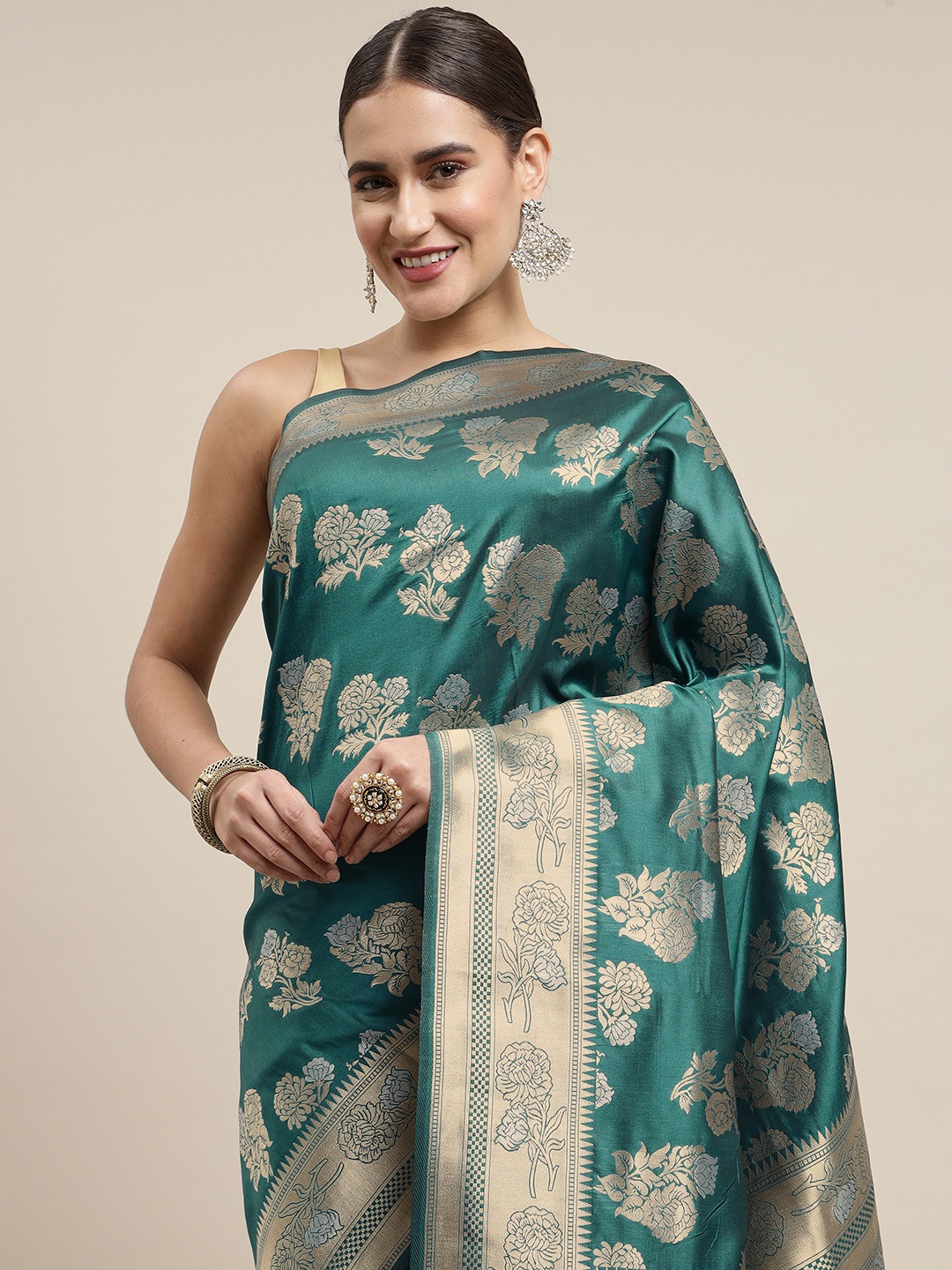 

Royal Rajgharana Saree Teal Green & Golden Floral Woven Design Banarasi Sarees