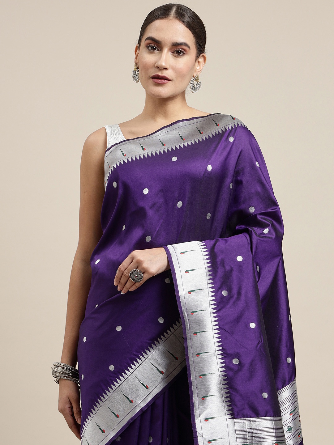 

Royal Rajgharana Saree Purple & Silver Woven Design Paithani Sarees