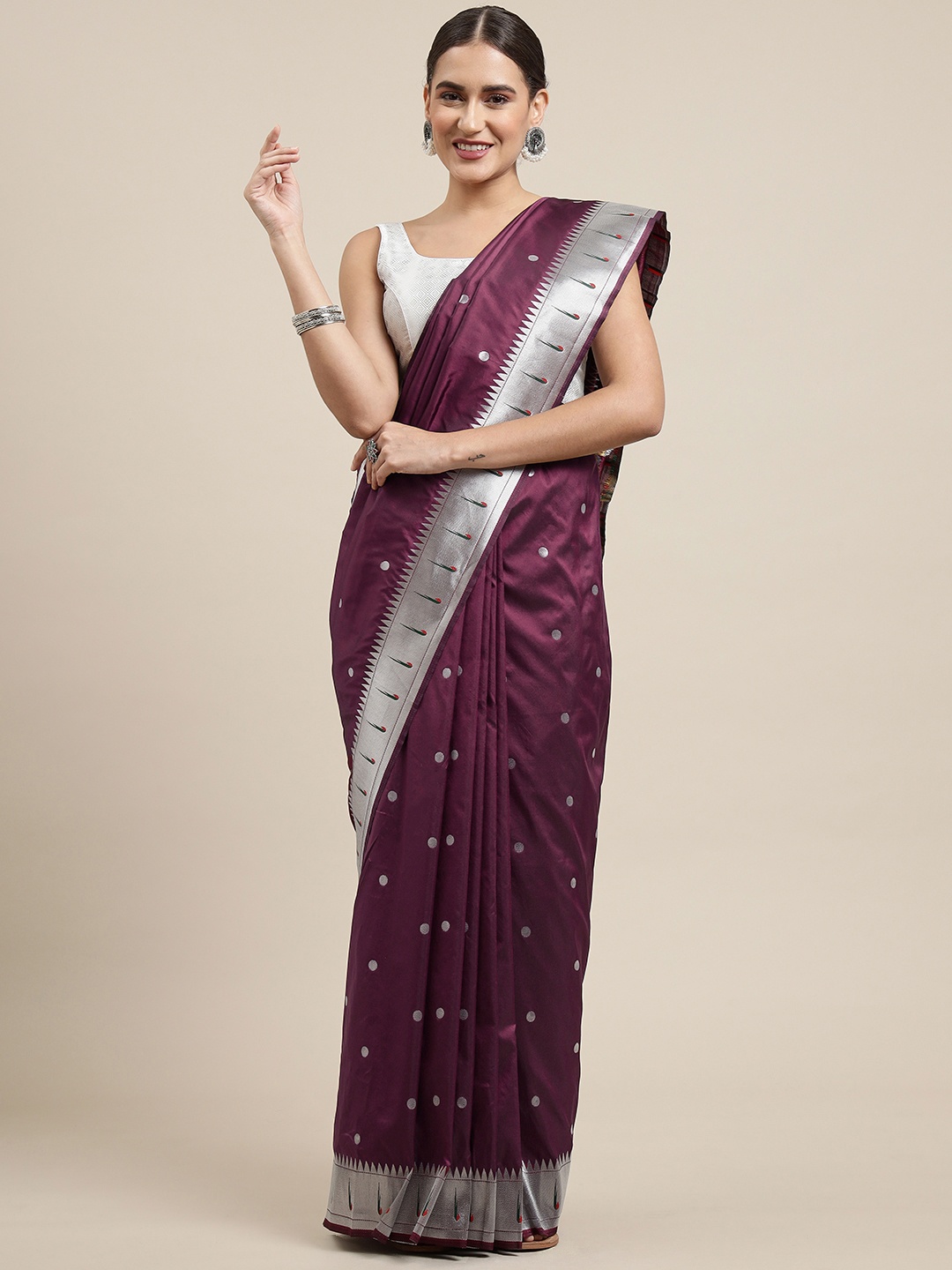 

Royal Rajgharana Saree Purple & Silver Woven Design Paithani Sarees