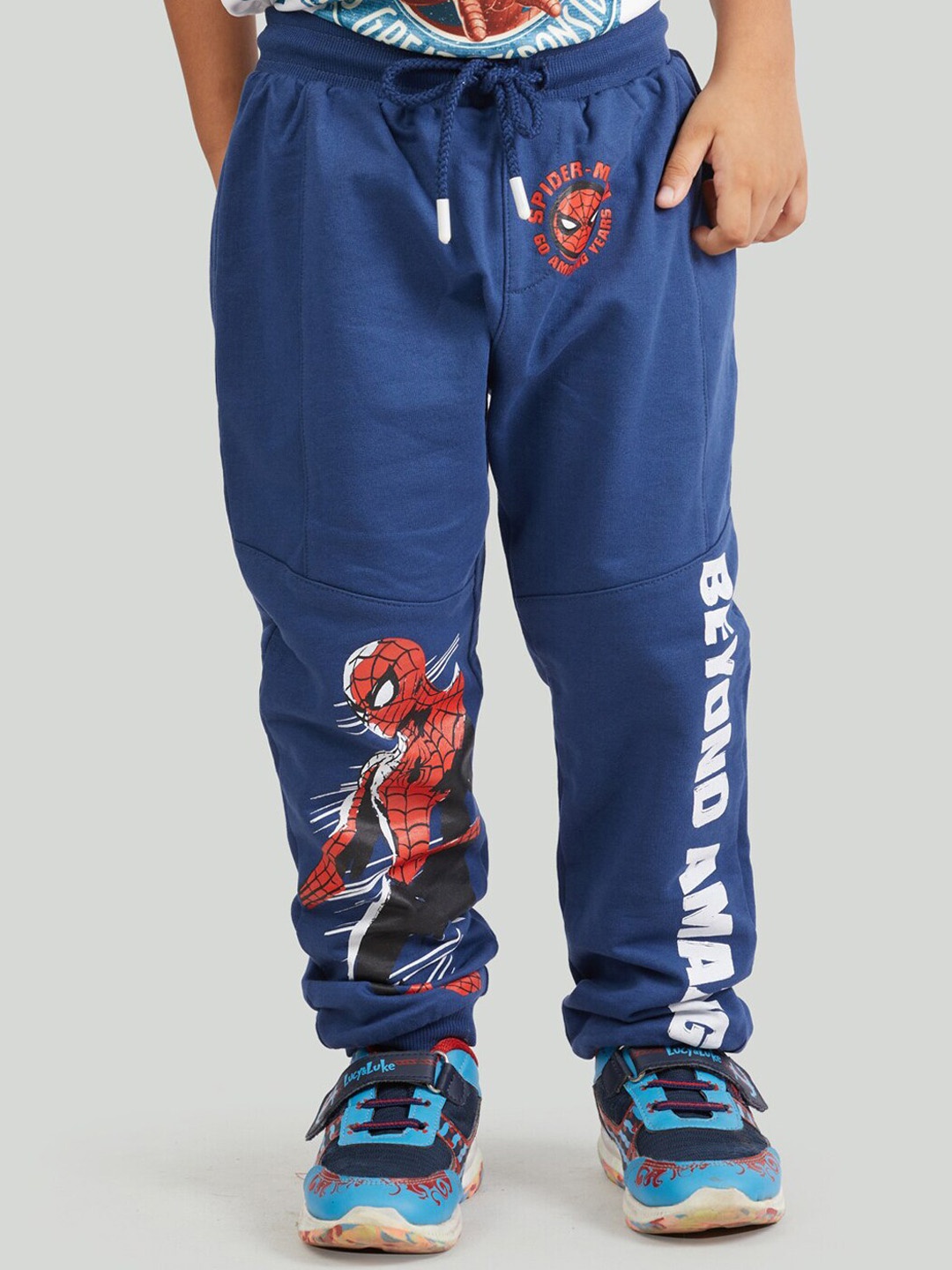 

Zalio Boys Blue Spiderman Printed Pure Cotton Track Pants