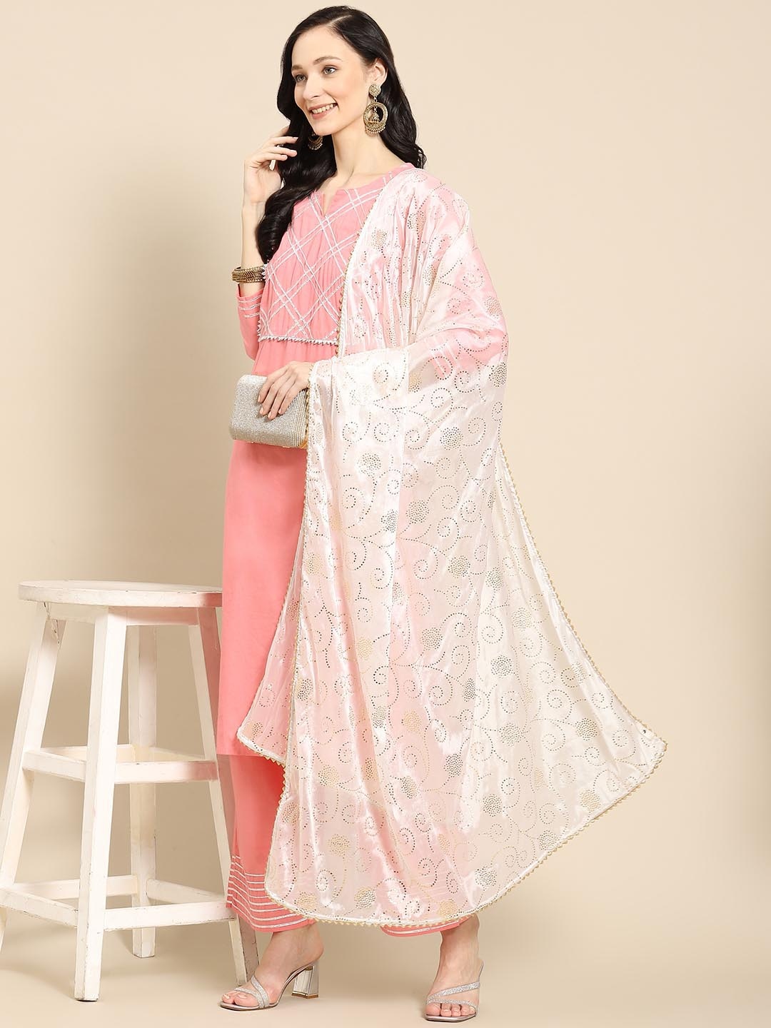 

Saadgi White & Gold-Toned Ethnic Motifs Embroidered Dupatta with Mukaish Work