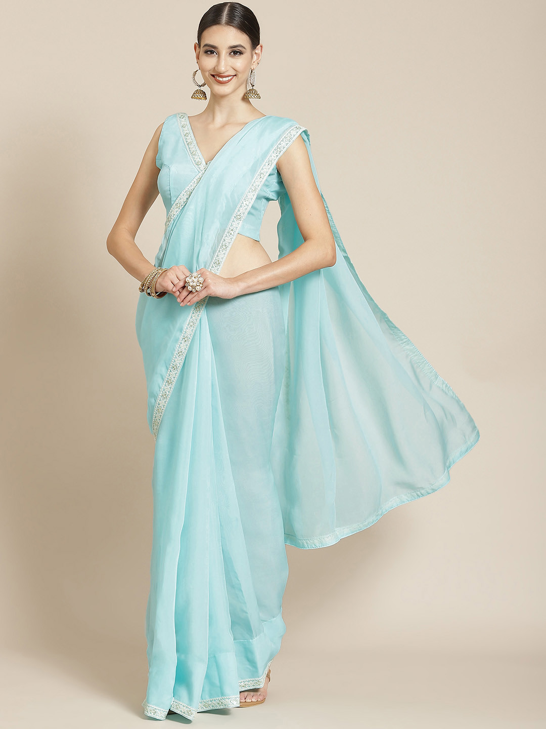 

Saadgi Blue Chikankari Organza Saree