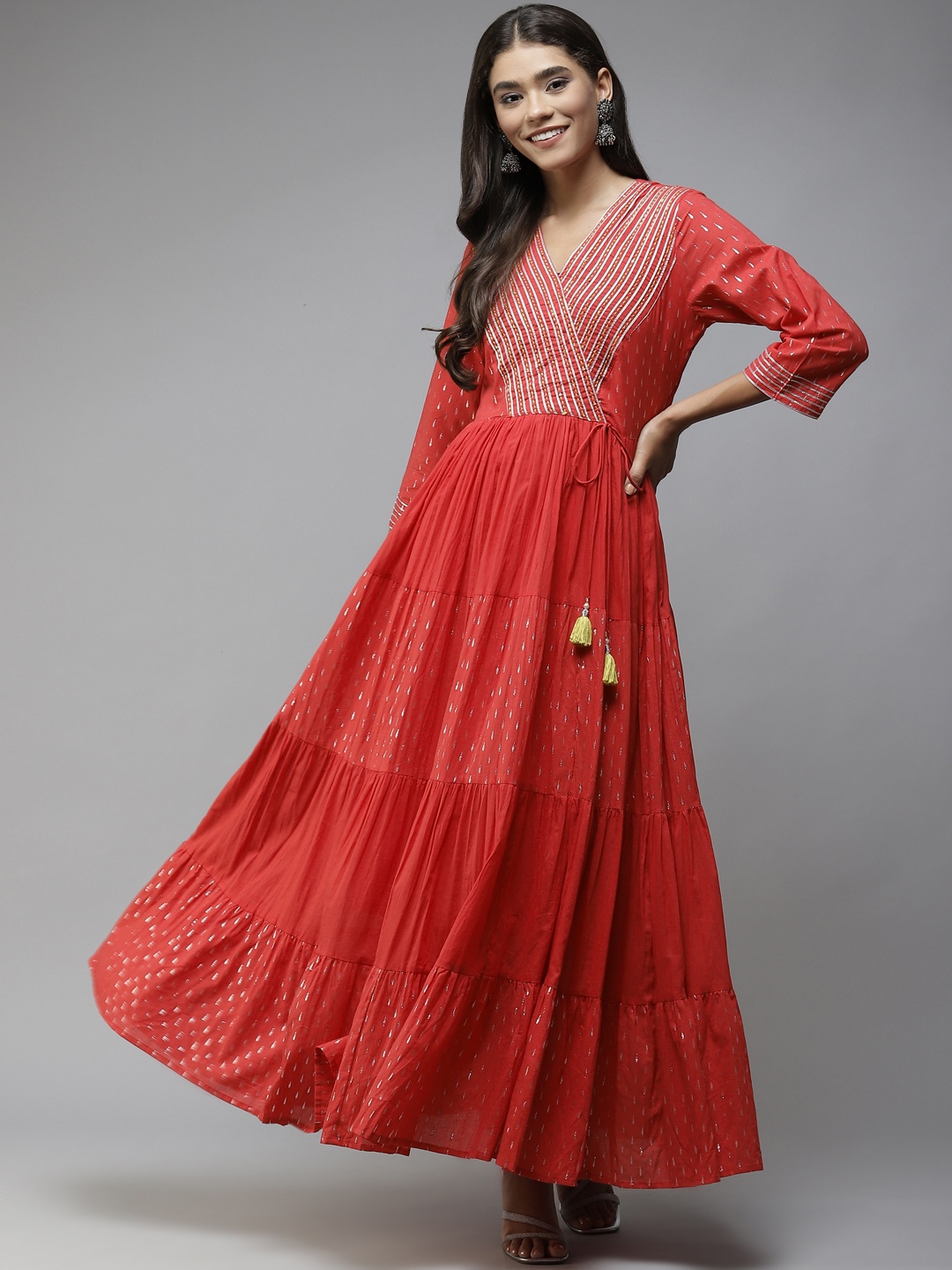 

Yufta Red Gotta Patti Tiered Pure Cotton Ethnic Maxi Dress