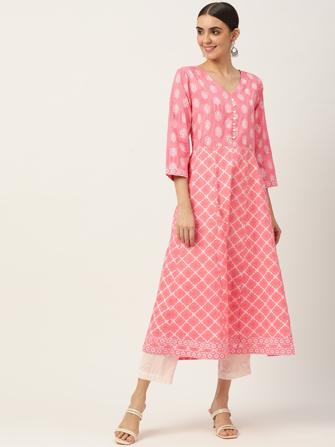 

Maaesa Women Pink & White Ethnic Printed Pure Cotton Kurta