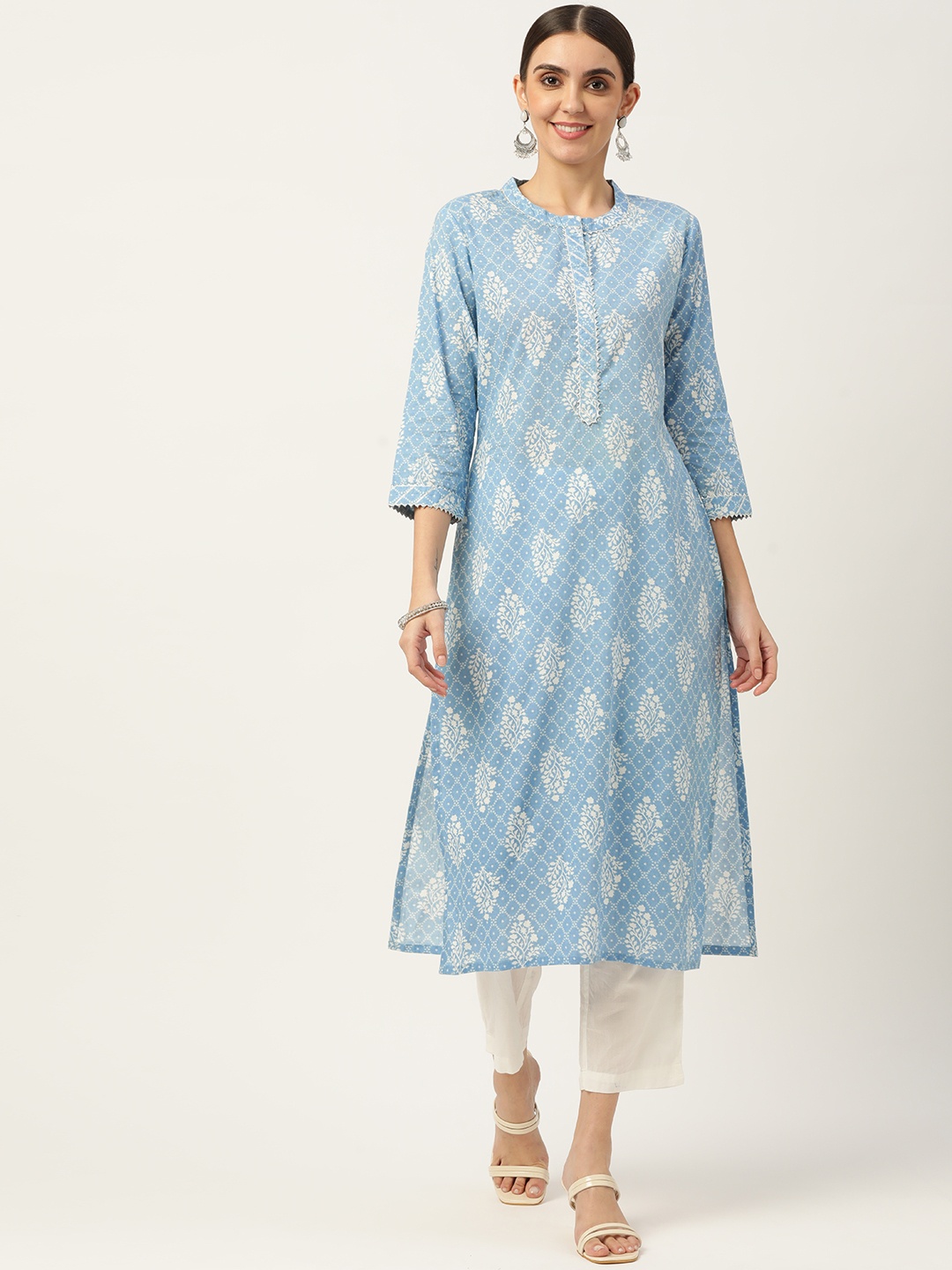 

Maaesa Women Blue & White Ethnic Printed Pure Cotton Gotta Patti Kurta