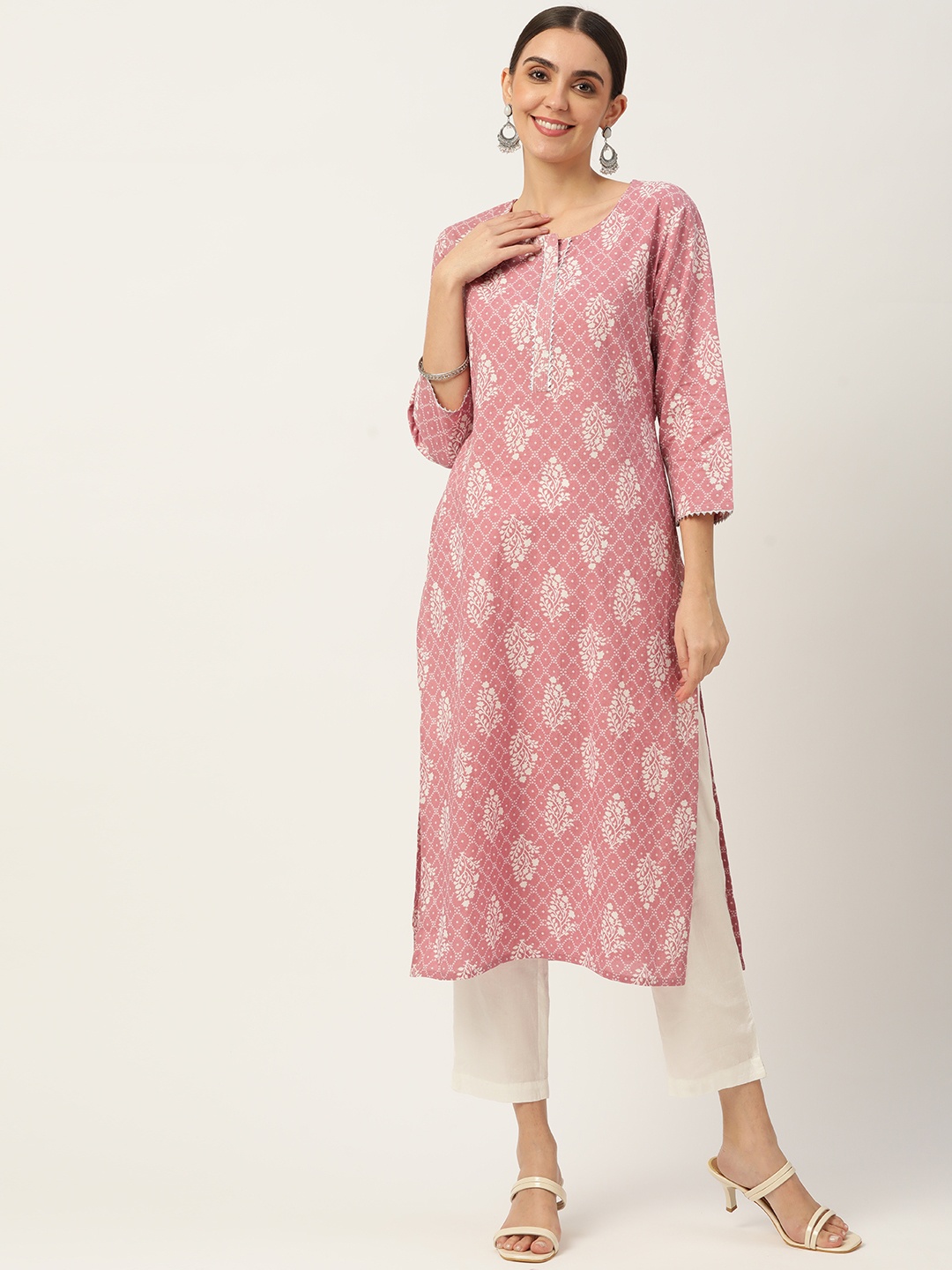 

Maaesa Women Pink & Off White Ethnic Printed Pure Cotton Gotta Patti Kurta