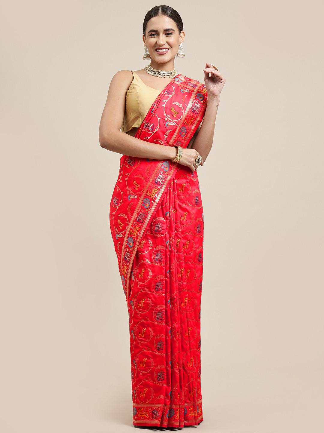 

Royal Rajgharana Saree Red Woven Design Silk Blend Banarasi Saree with Blouse