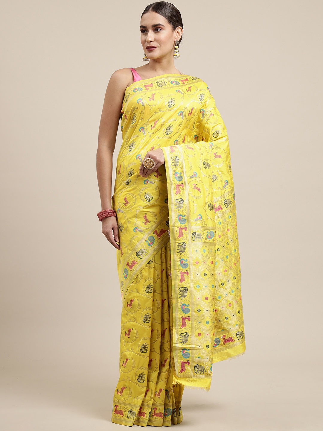 

Royal Rajgharana Saree Yellow & Pink Ethnic Motifs Woven Design Banarasi Sarees