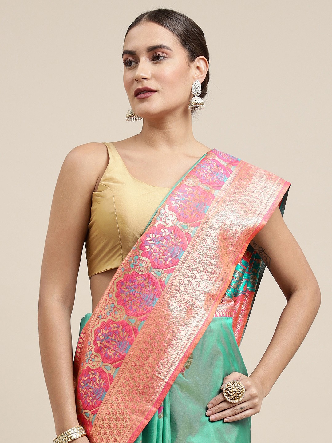 

Royal Rajgharana Saree Sea Green & Pink Woven Design Silk Blend Banarasi Saree with Blouse