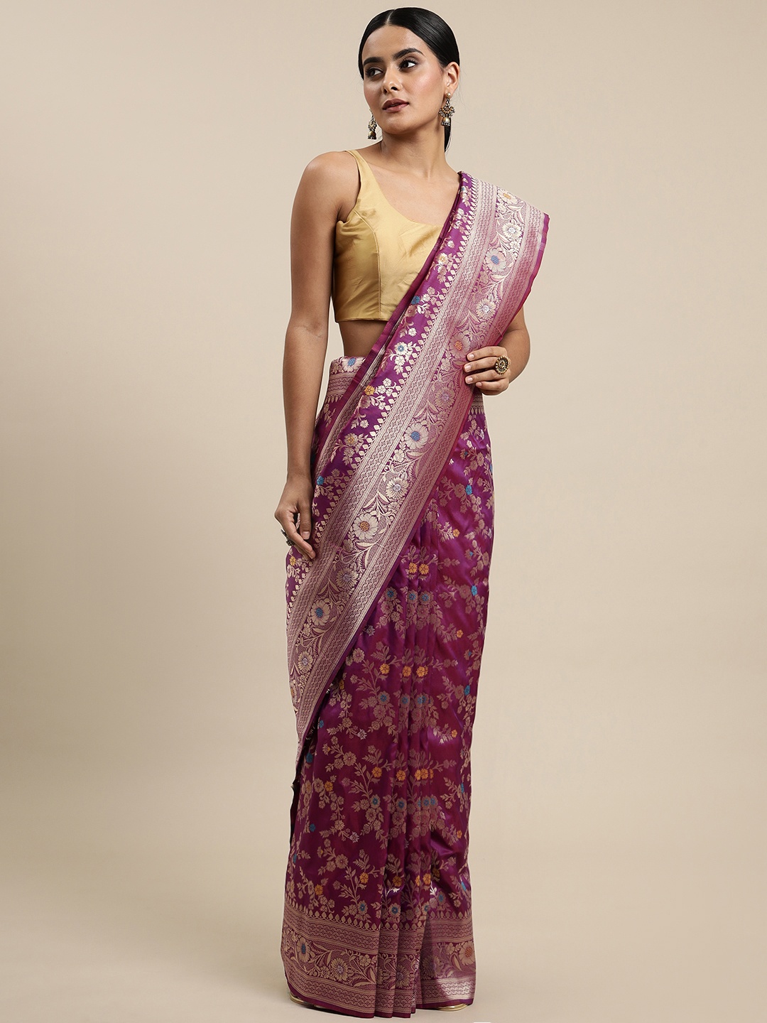 

Royal Rajgharana Saree Purple & White Woven Design Silk Blend Banarasi Sarees