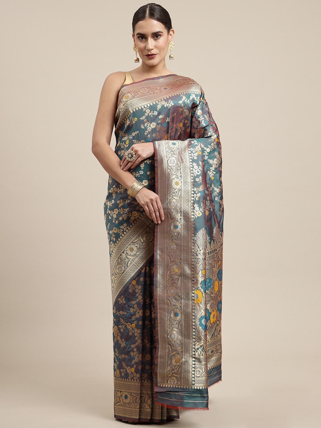 Royal Rajgharana Saree Blue & Mustard Yellow Ethnic Motifs Woven Design Banarasi Sarees