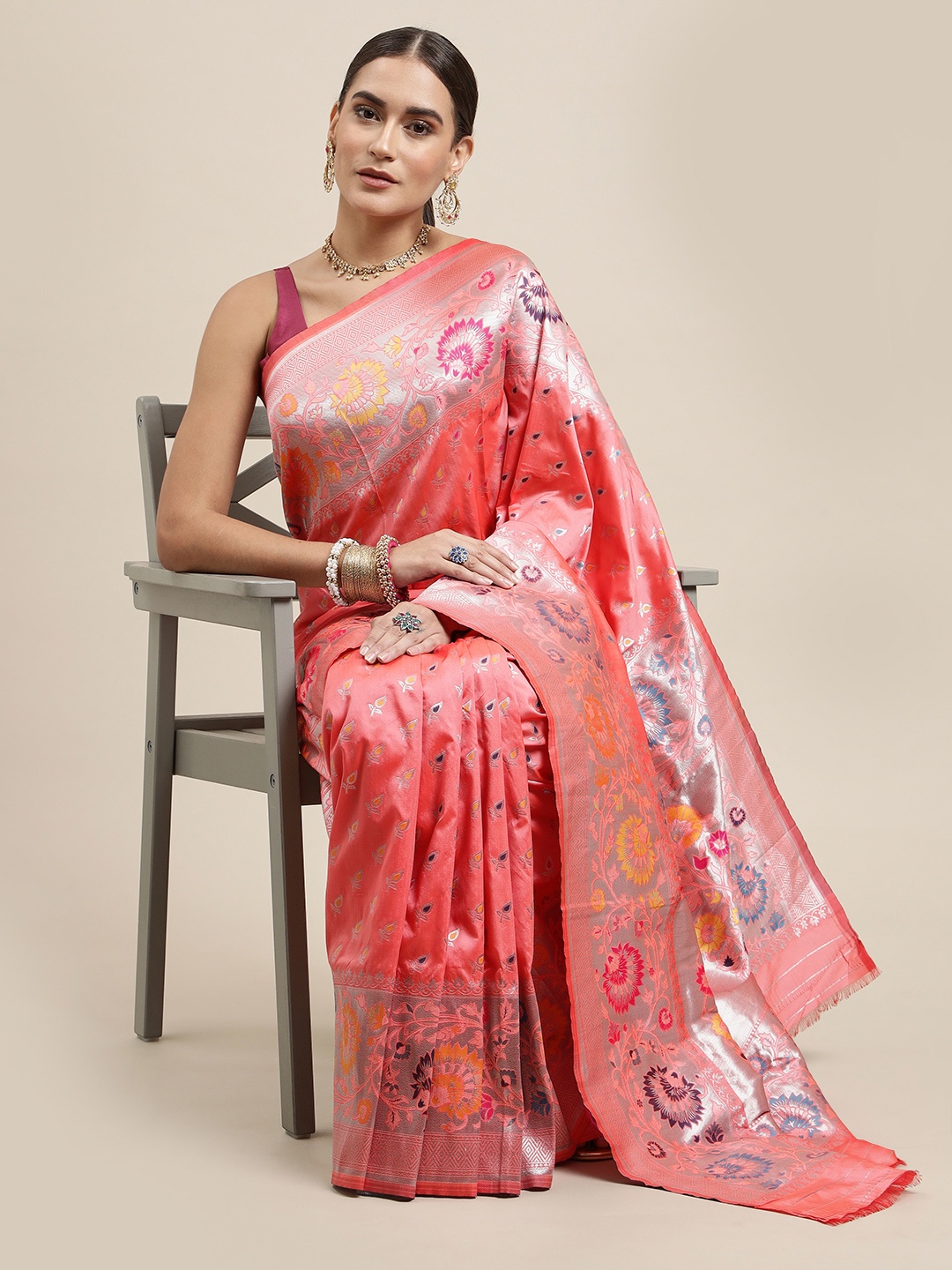 

Royal Rajgharana Saree Peach-Coloured Woven Design Silk Blend Banarasi Saree with Blouse