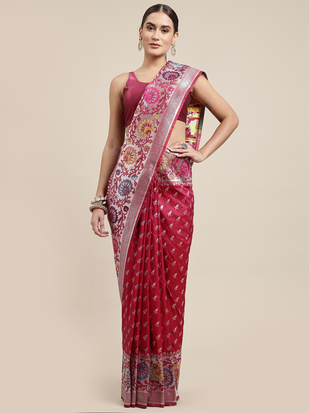 

Royal Rajgharana Saree Magenta Woven Design Silk Blend Banarasi Saree with Blouse