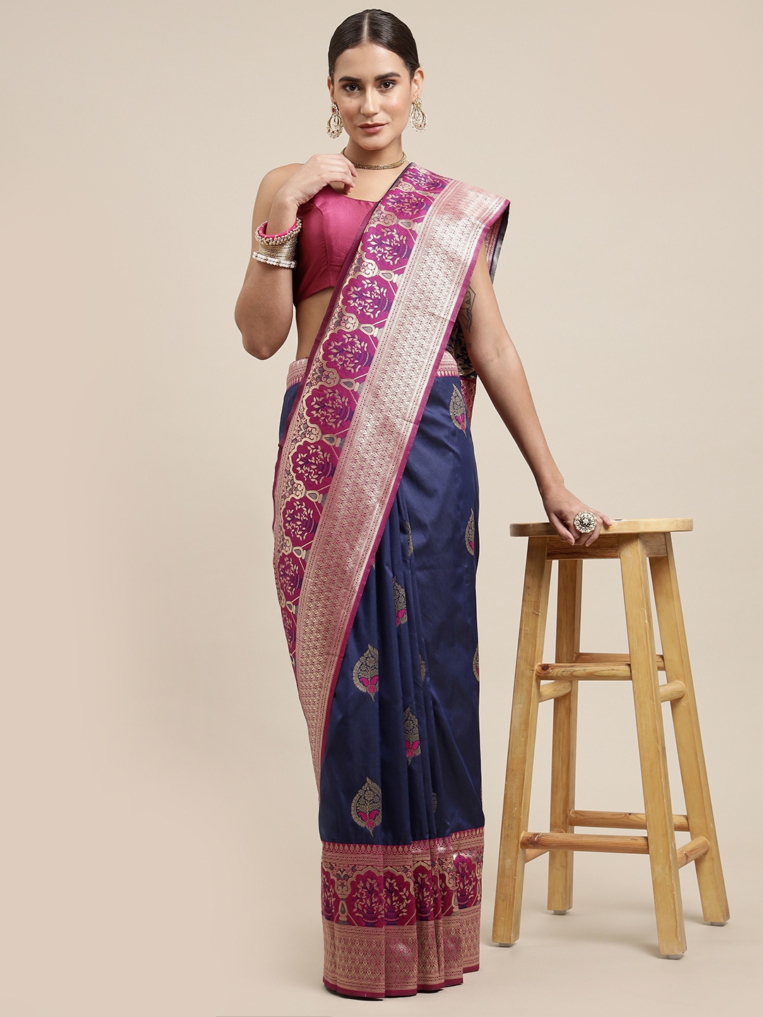 

Royal Rajgharana Saree Navy Blue Woven Design Silk Blend Banarasi Saree with Blouse