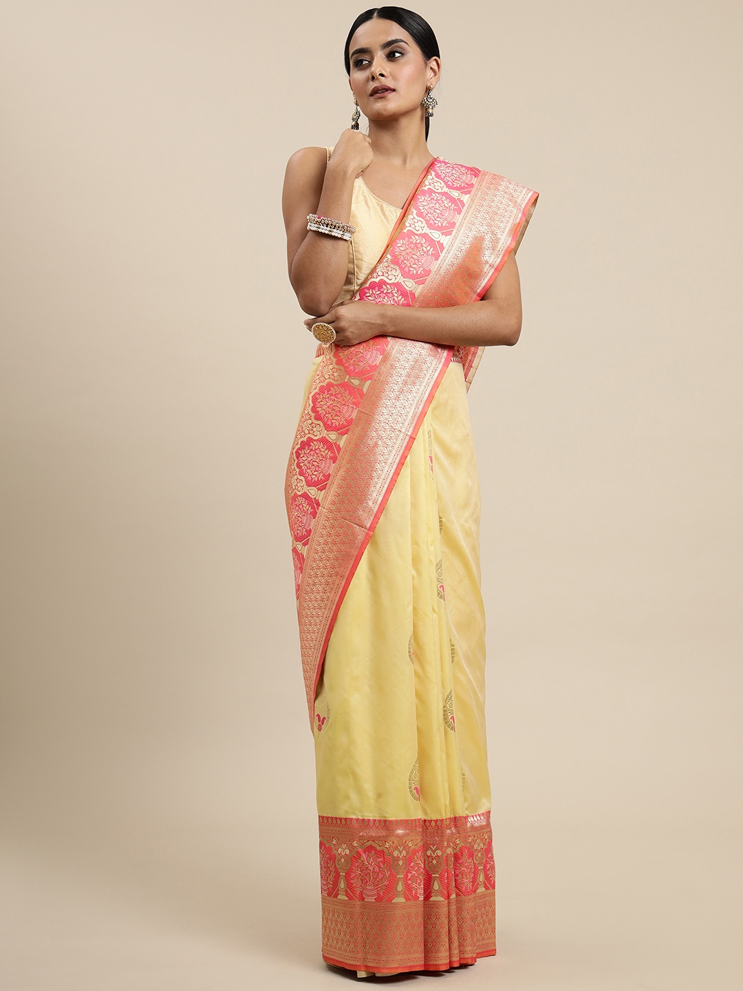

Royal Rajgharana Saree Peach-Coloured & Yellow Woven Design Silk Blend Sarees