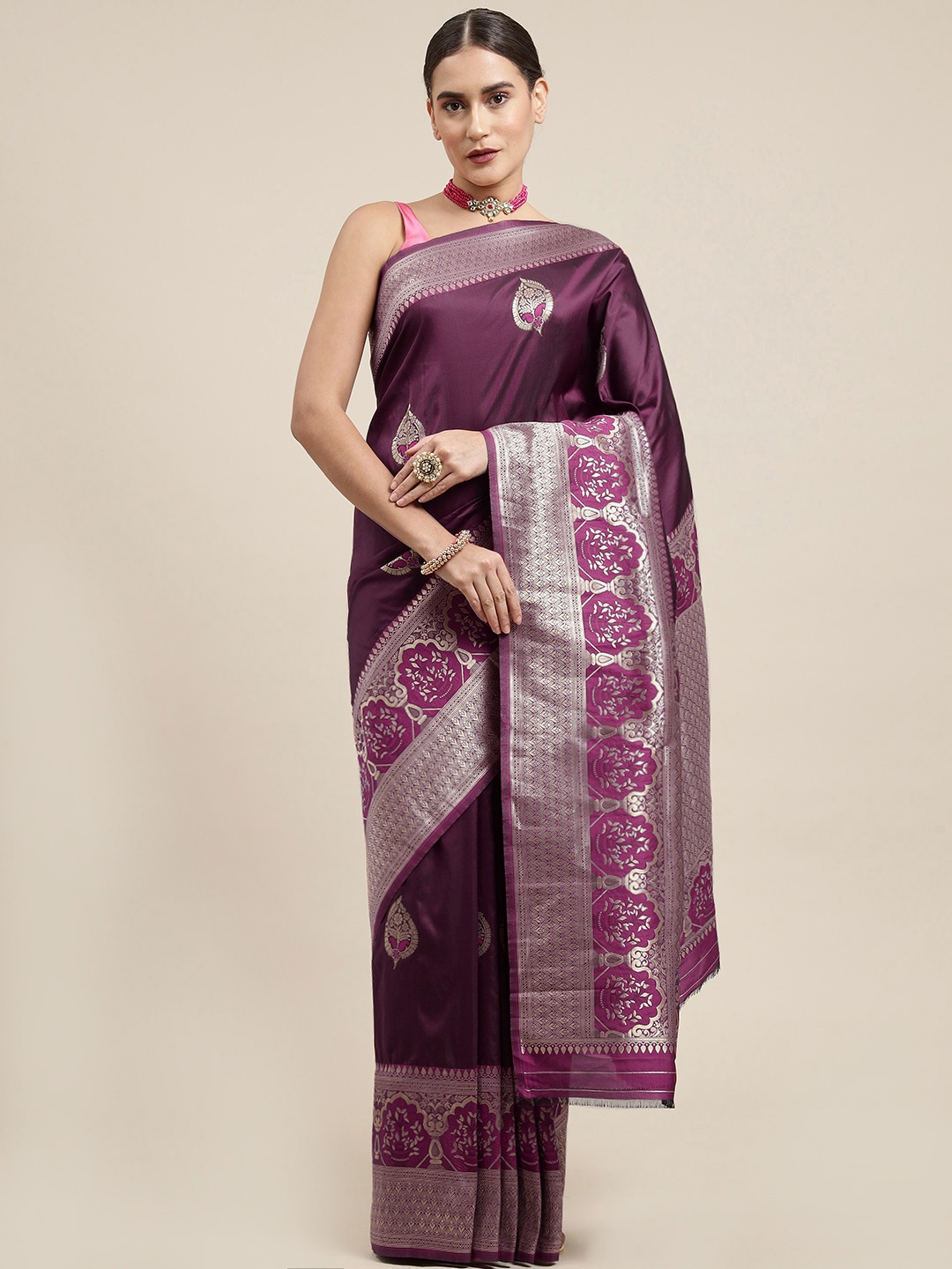 

Royal Rajgharana Saree Purple Woven Design Silk Blend Banarasi Saree with Blouse