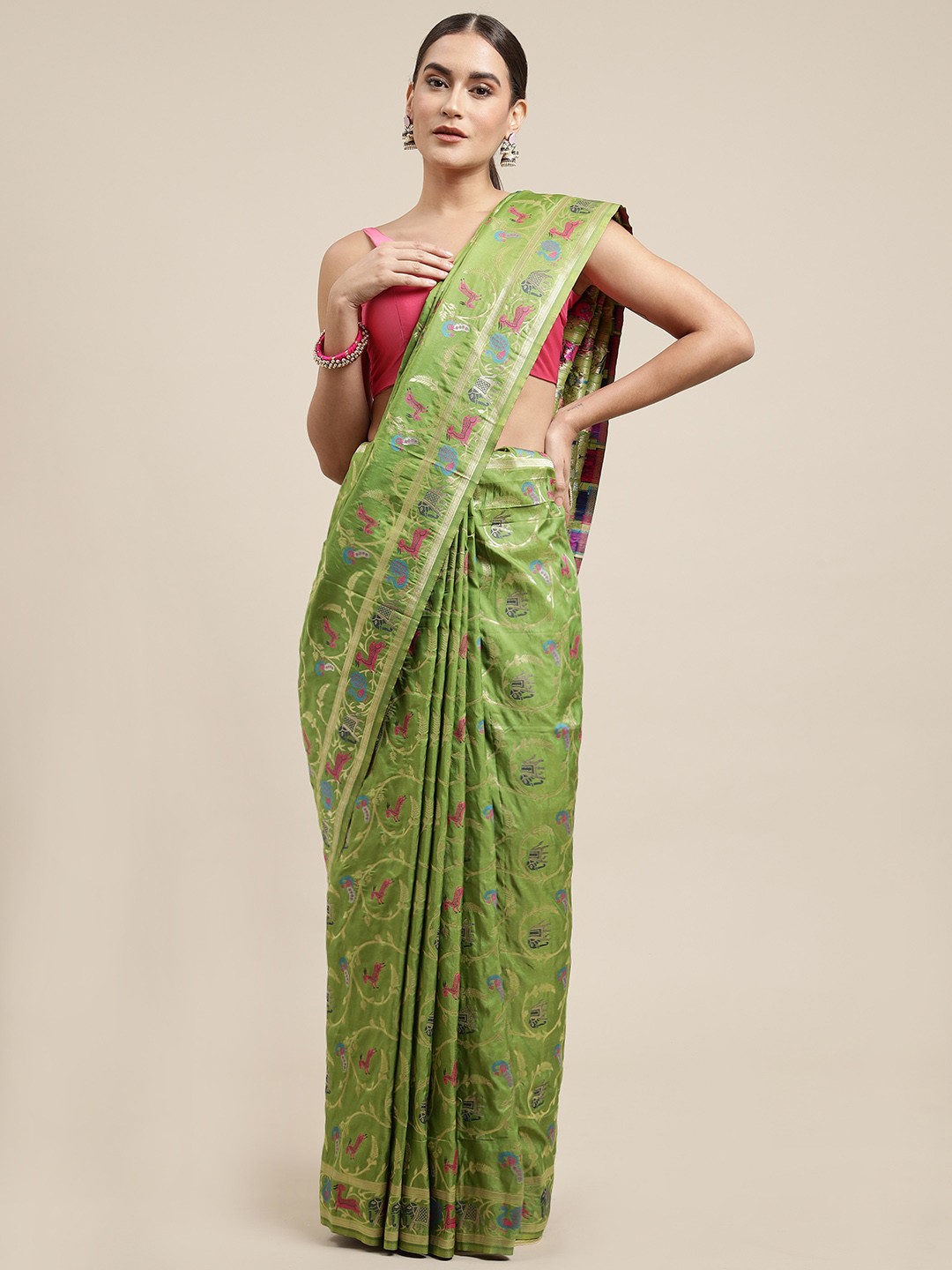 

Royal Rajgharana Saree Green & Pink Woven Design Silk Blend Banarasi Saree with Blouse