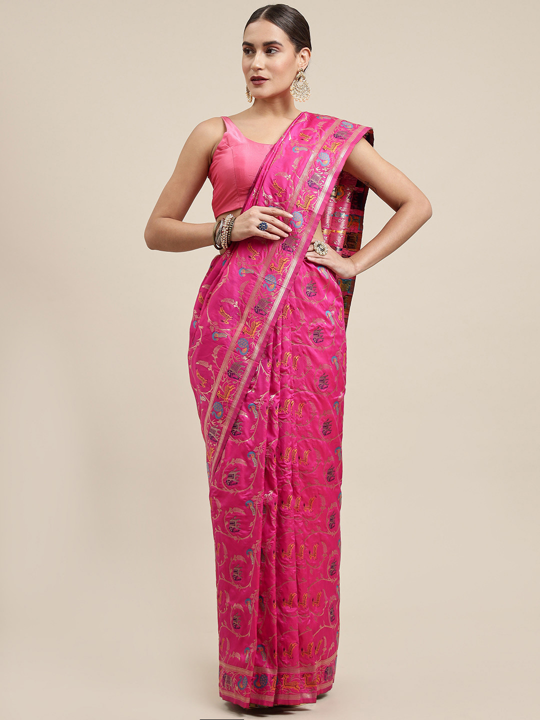 

Royal Rajgharana Saree Pink Woven Design Silk Blend Banarasi Saree with Blouse