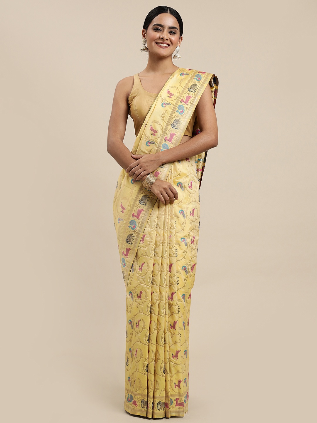 

Royal Rajgharana Saree Yellow & Pink Woven Design Silk Blend Sarees