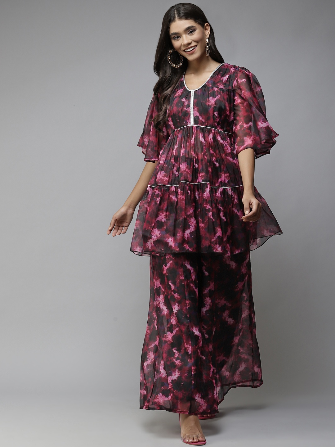 

PANIT Women Black Printed Tiered Zardozi Kurti with Palazzos