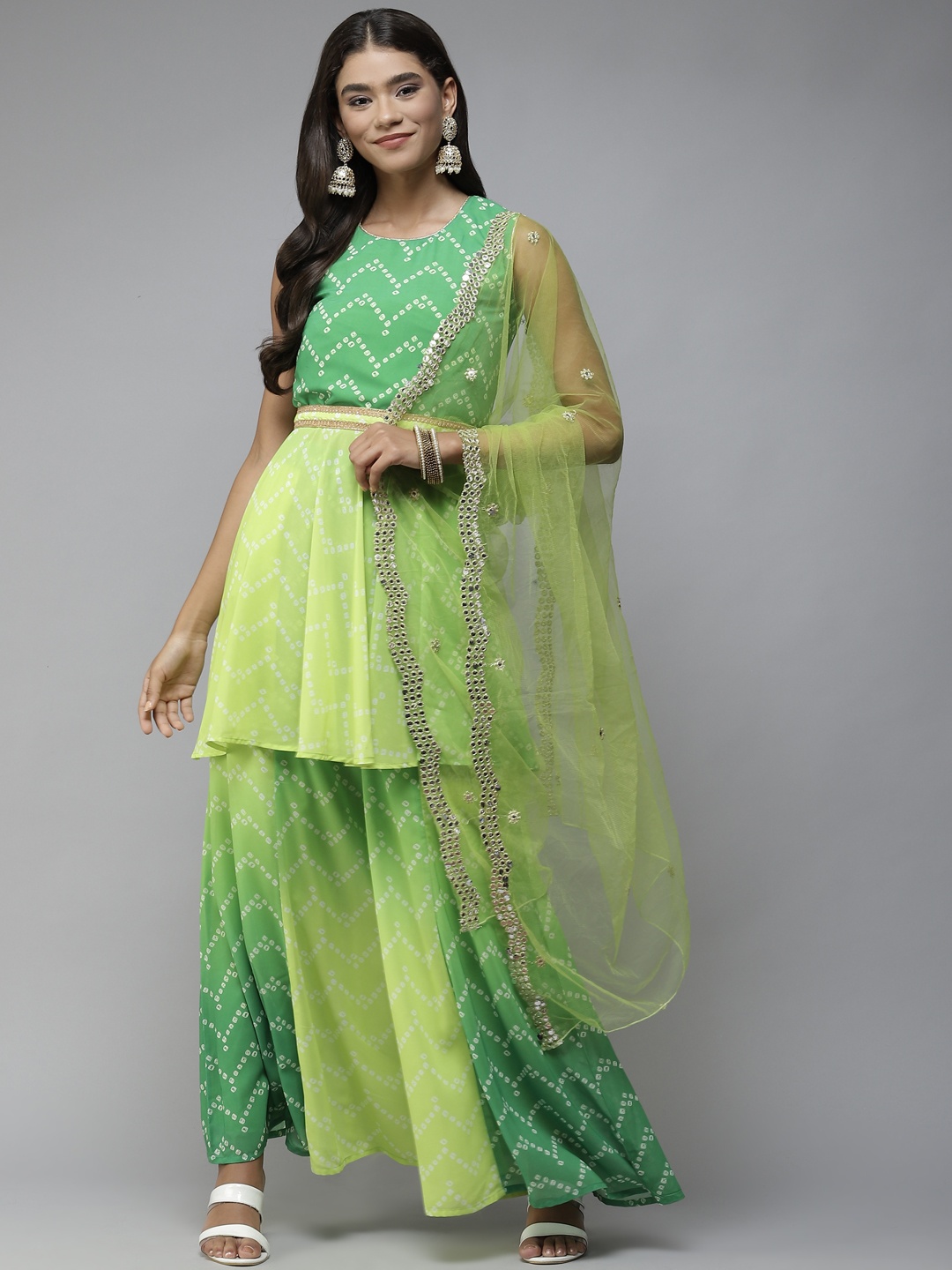 

PANIT Women Green Bandhani Printed Zardozi Kurta with Sharara & With Dupatta
