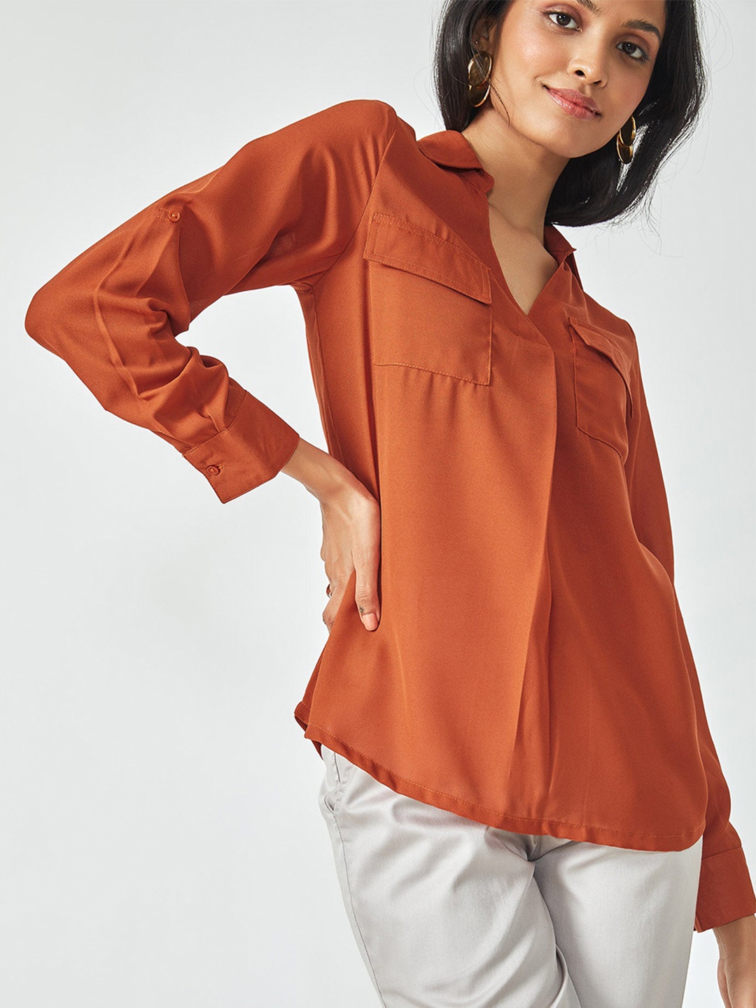 

The Label Life Rust Orange Pleated Shirt Style Top