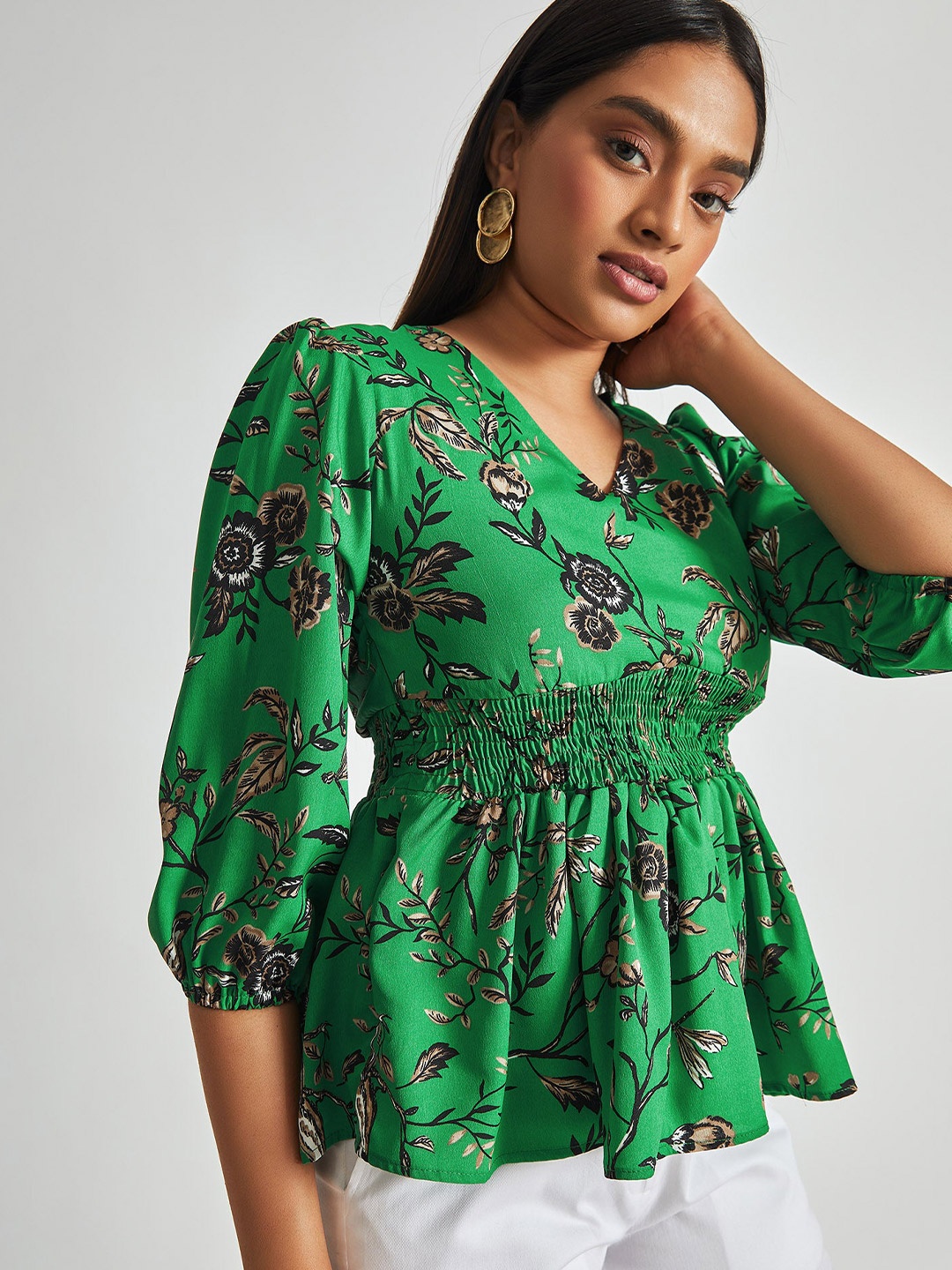 

The Label Life Emerald Green Floral Peplum Top