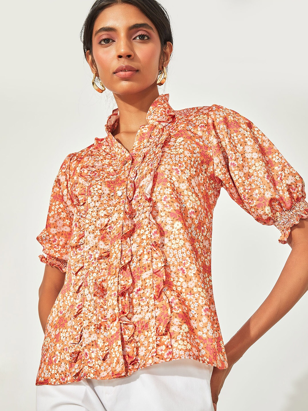 

The Label Life Orange Flame Floral Ruffle Neck Top