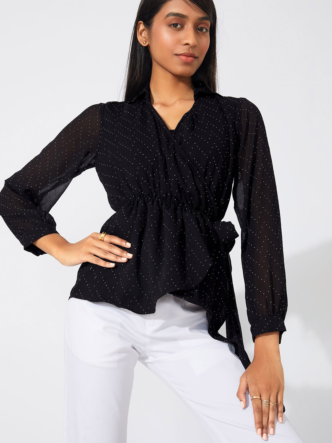 

The Label Life Black Tie-Up Neck Beaded Wrap Top