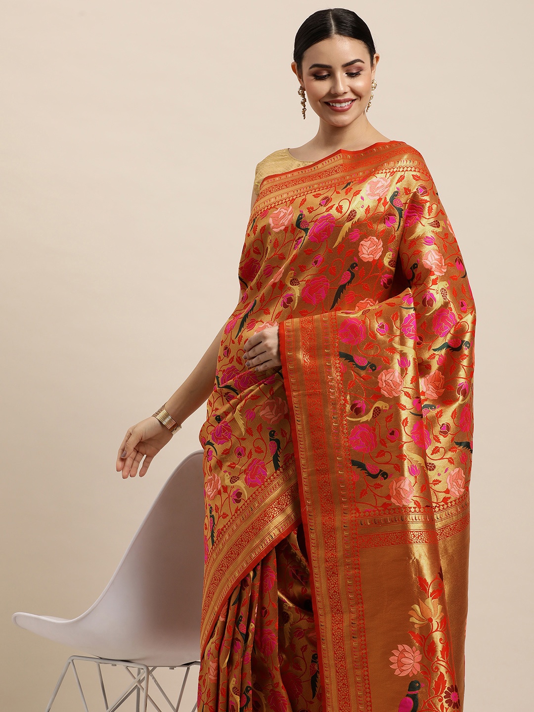 

Royal Rajgharana Saree Red Ethnic Motifs Silk Blend Banarasi Sarees