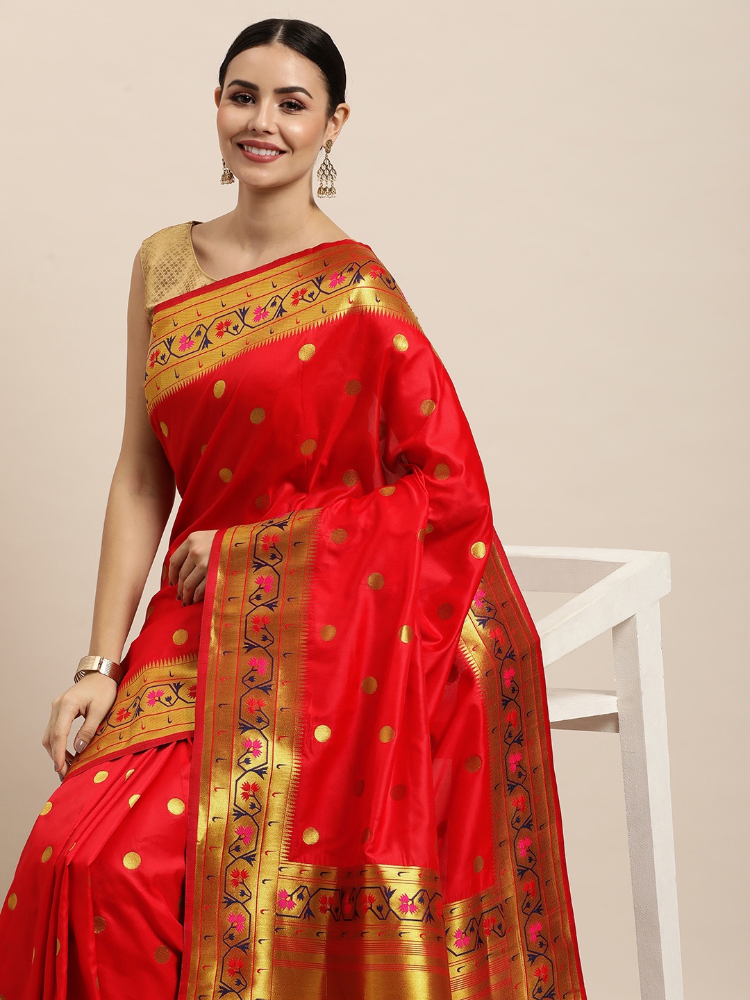 

Royal Rajgharana Saree Red Ethnic Motifs Silk Blend Banarasi Sarees