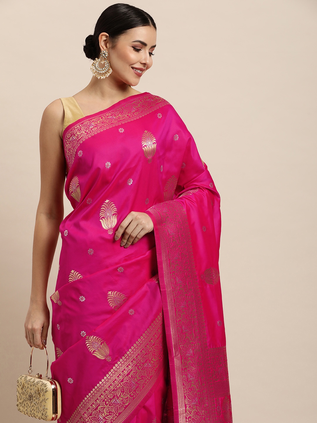 

Royal Rajgharana Saree Pink Ethnic Motifs Silk Blend Banarasi Sarees