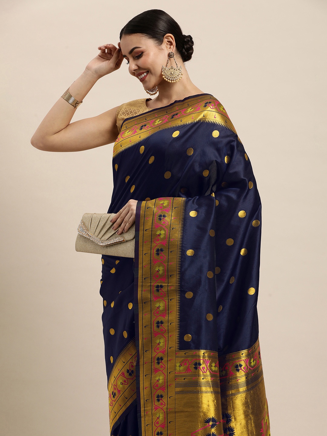 

Royal Rajgharana Saree Navy Blue Ethnic Motifs Silk Blend Banarasi Sarees