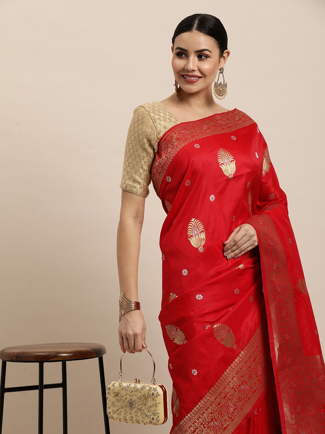 

Royal Rajgharana Saree Red Ethnic Motifs Silk Blend Banarasi Sarees