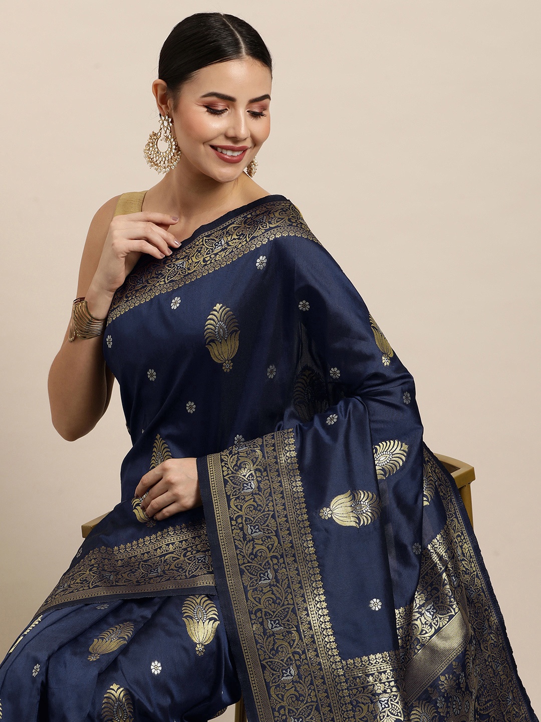 

Royal Rajgharana Saree Navy Blue Ethnic Motifs Silk Blend Banarasi Sarees