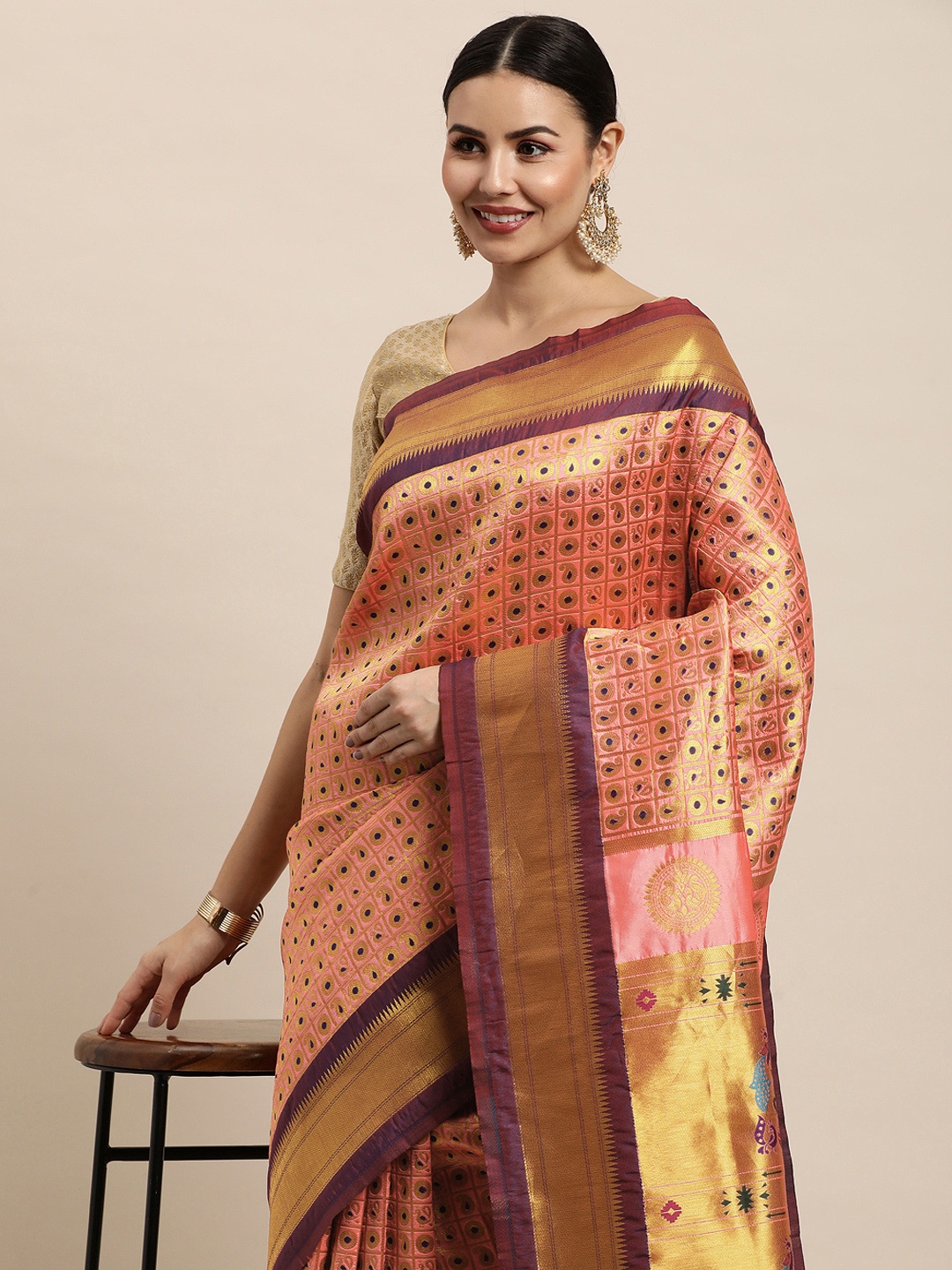 

Royal Rajgharana Saree Peach-Coloured Ethnic Motifs Silk Blend Banarasi Sarees