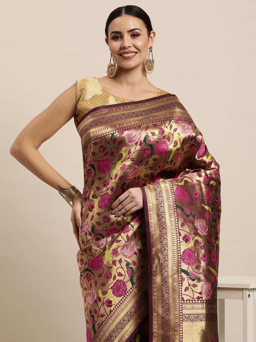 

Royal Rajgharana Saree Magenta & Golden Ethnic Motifs Silk Blend Banarasi Sarees
