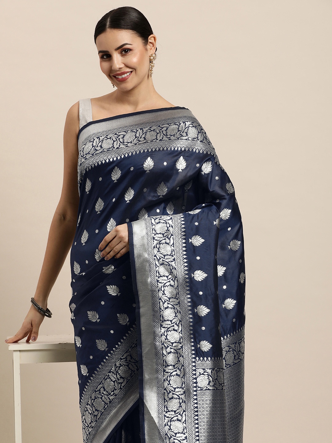 

Royal Rajgharana Saree Navy Blue Ethnic Motifs Silk Blend Banarasi Sarees