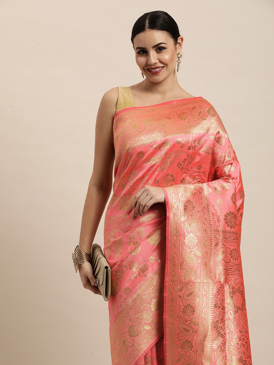 

Royal Rajgharana Saree Peach-Coloured Ethnic Motifs Silk Blend Paithani Sarees