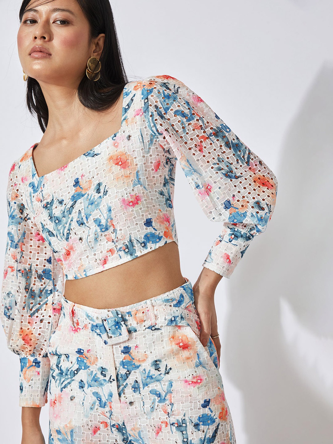 

The Label Life White Floral Print Schiffli Crop Top