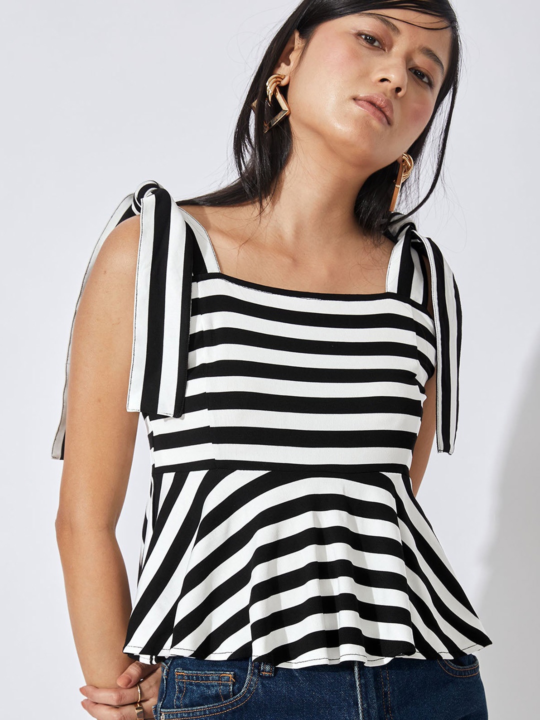 

The Label Life Multicoloured Striped Monochrome Peplum Tie Up Top, Multi