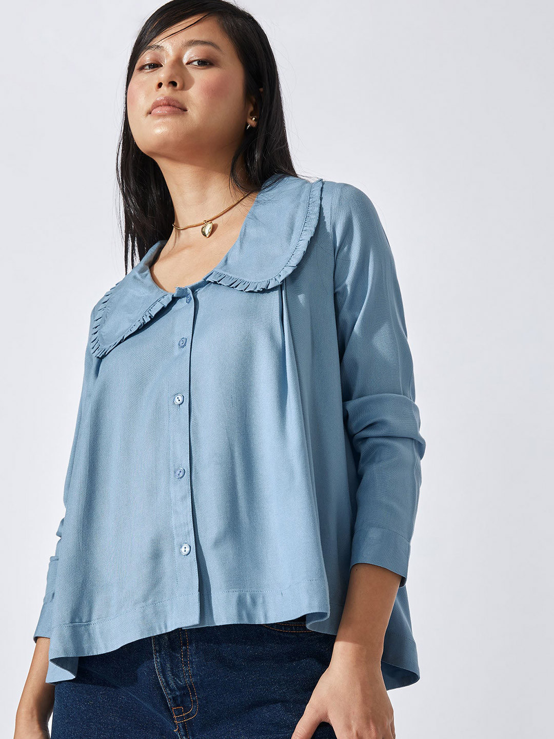 

The Label Life Blue Ruffles Wide Collar Shirt Style Top