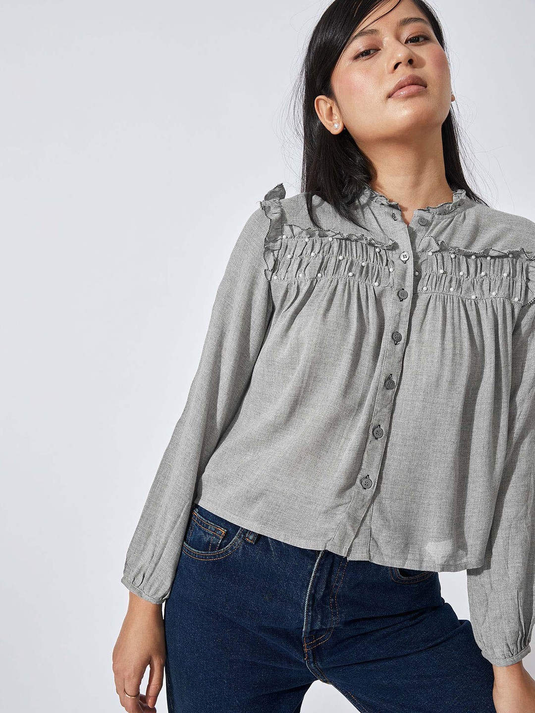 

The Label Life Grey Slate Cotton Gathered Blouse