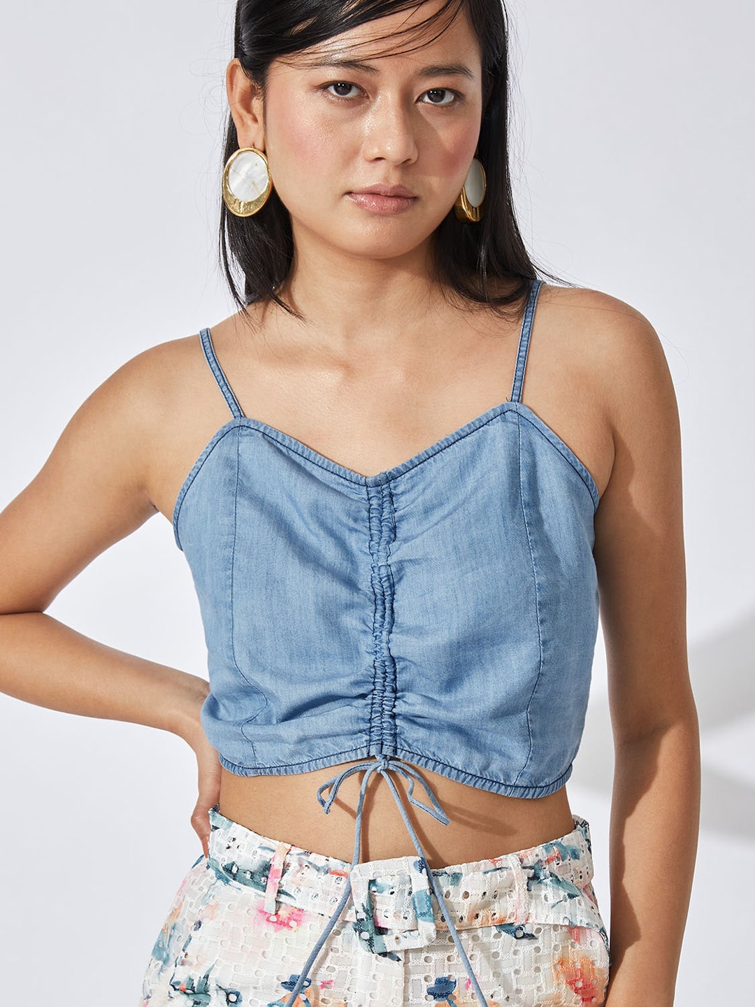

The Label Life Women Blue Cotton Denim Drawstring Hem Cropped Cami Top