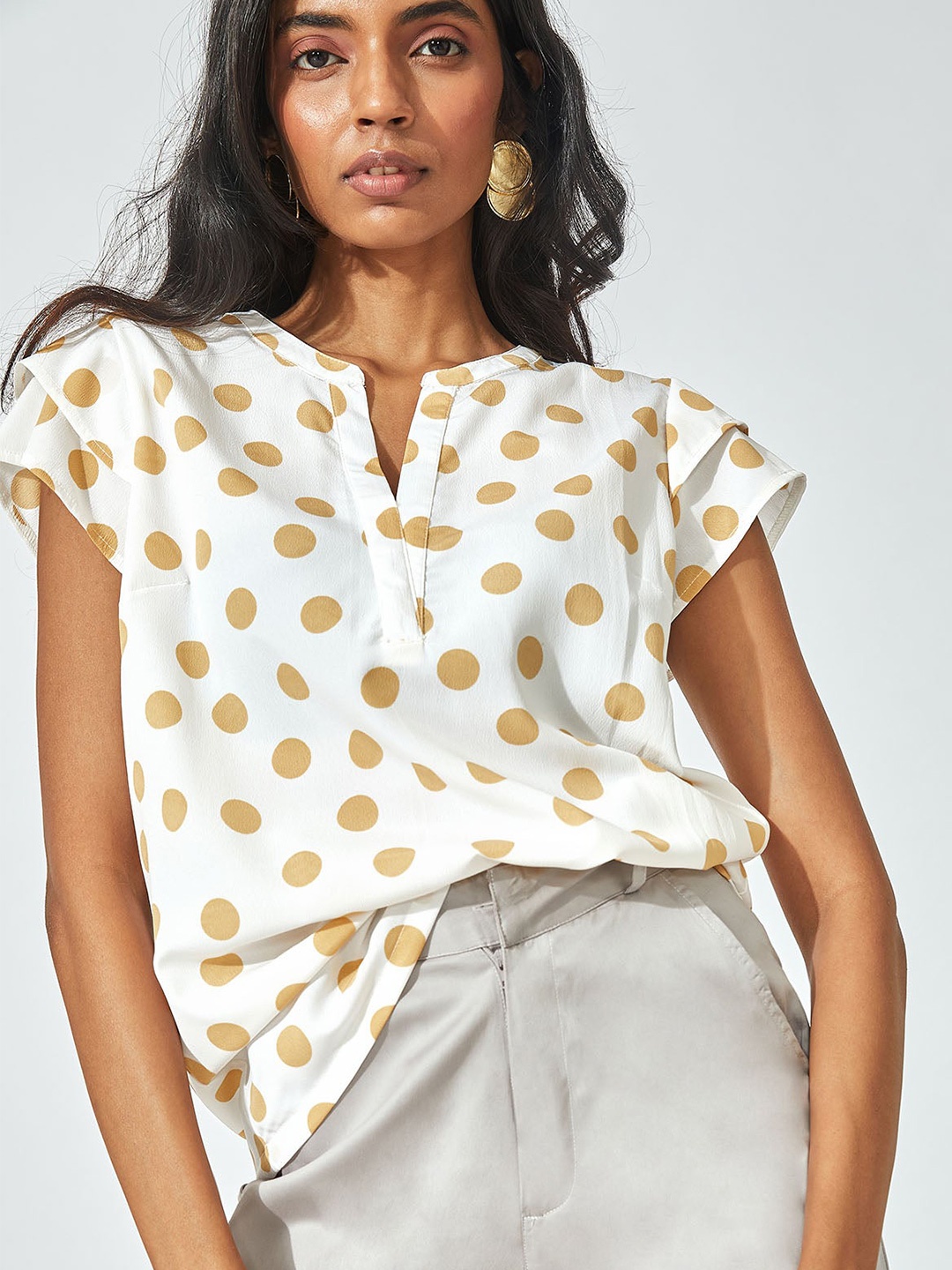 

The Label Life White & Beige Slit Neck Polka Top