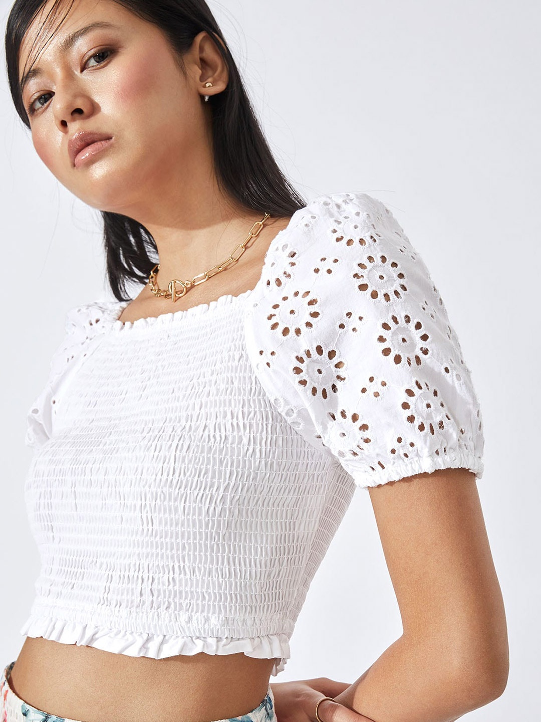 

The Label Life Women White Self Design Square Neck Smocked Schiffli Cotton Fitted Crop Top